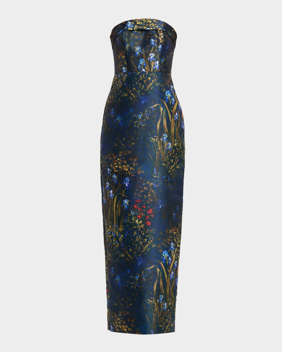 Theia Lynette Strapless Floral-print Column Gown In Blue
