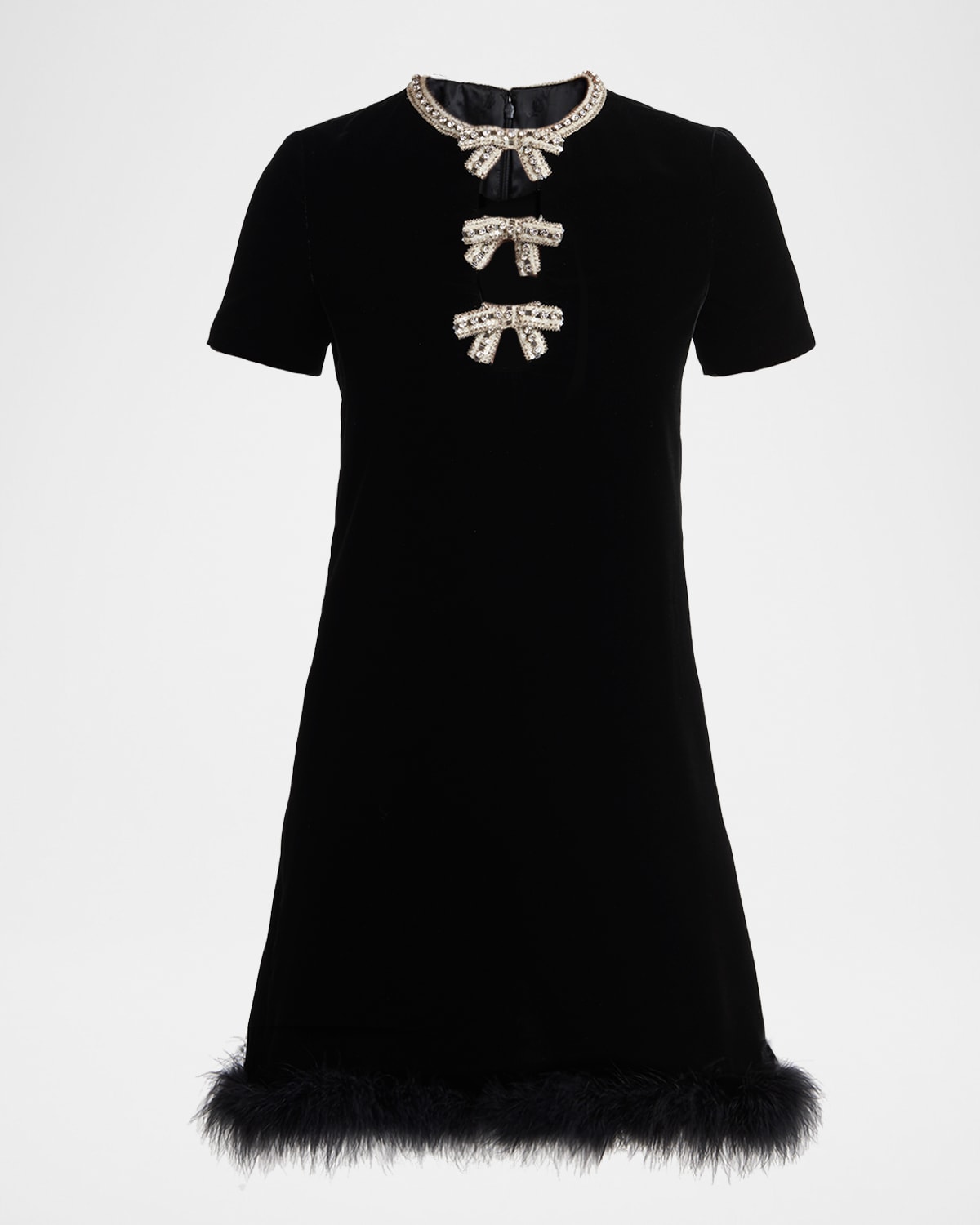 Valentino Crystal Bow Velvet Mini Dress With Feather Trim