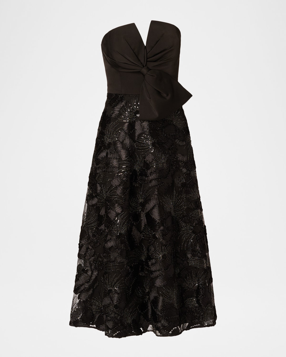 Aidan Mattox Strapless Bow-front Embroidered Midi Dress In Black