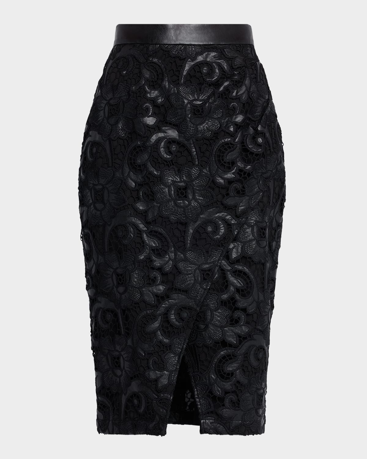 Elie Tahari The Vivienne Wrap-front Lace Midi Skirt In Black