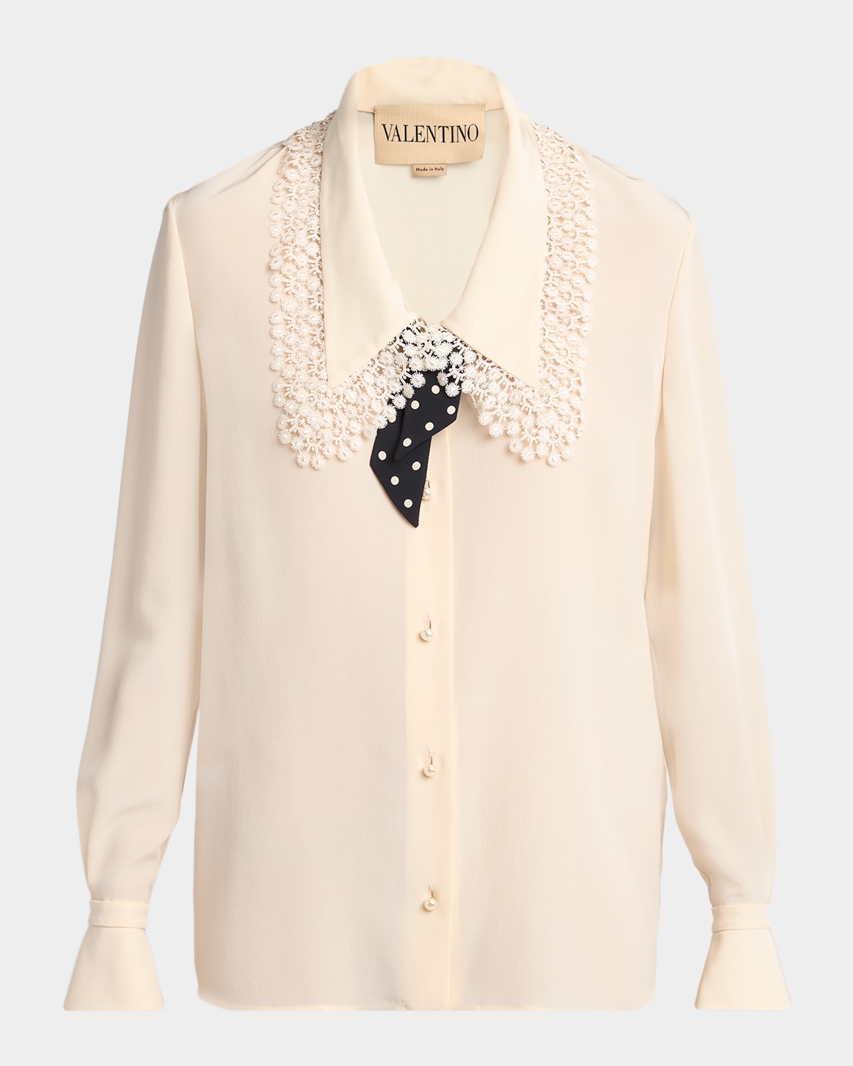 Valentino Lace-trim Button-down Silk Blouse With Polkadot Tie In Brown