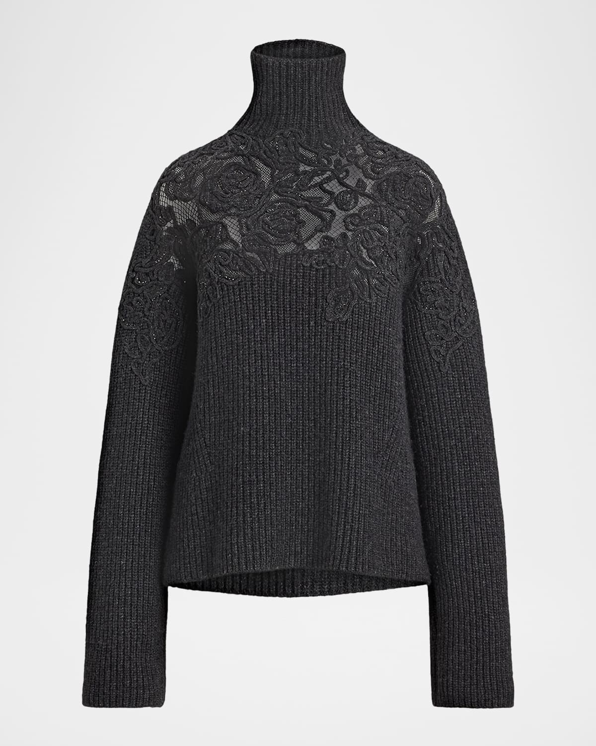 Ralph Lauren Turtleneck Rose Inset Cashmere Rib Sweater In Gray