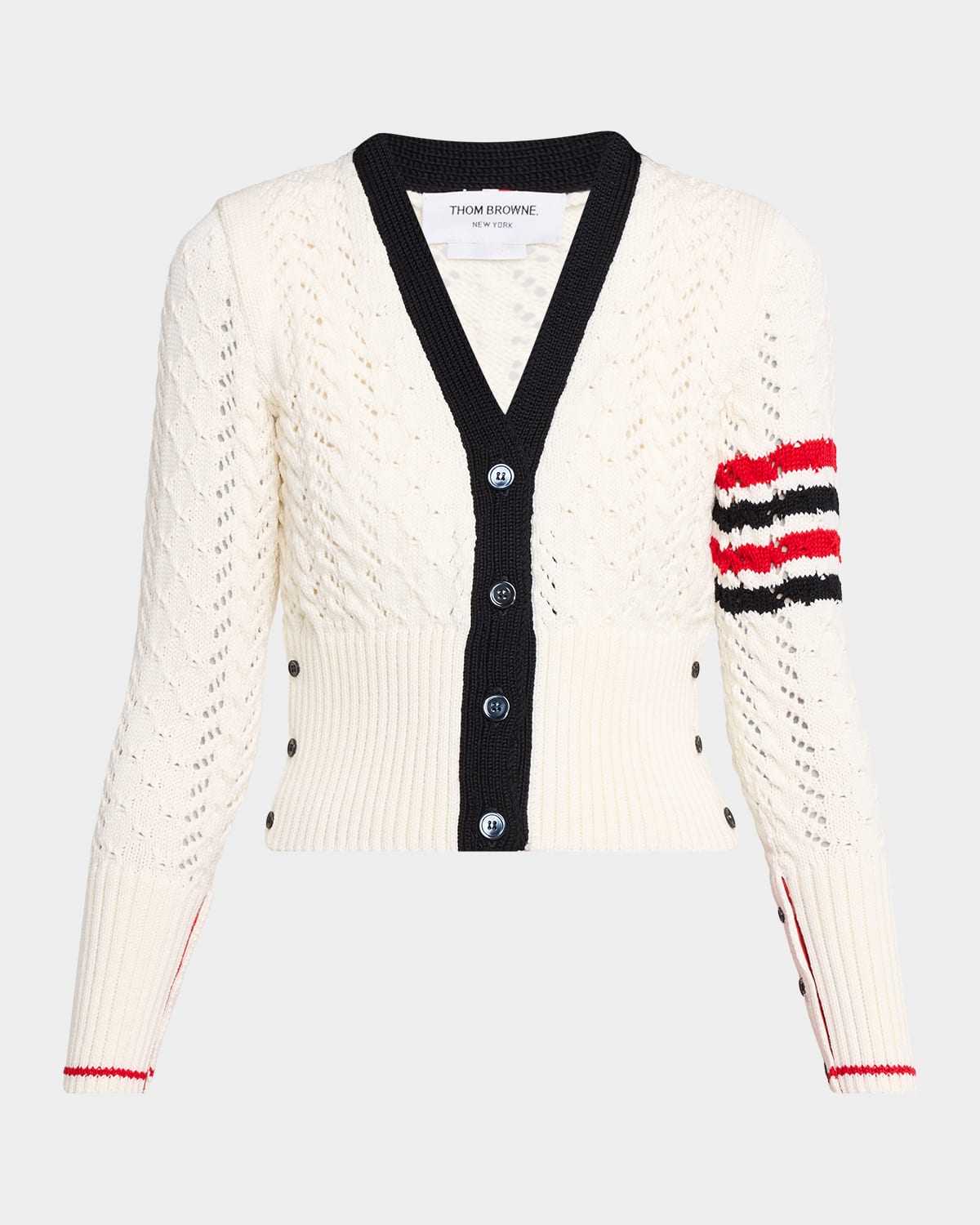 Thom Browne Cable Pointelle Knit V-Neck Cardigan