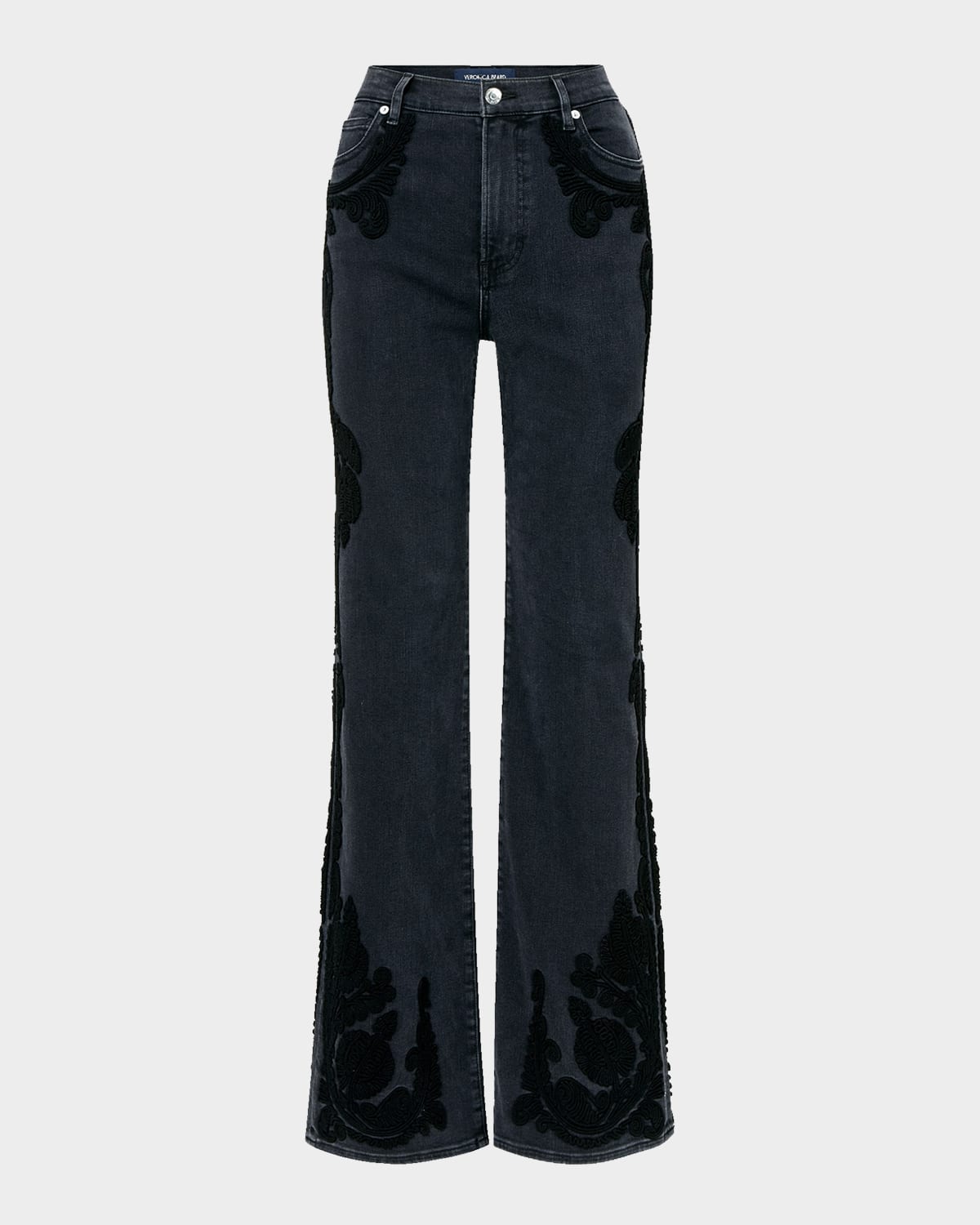 Veronica Beard Crosbie Paisley Embroidered High Waist Wide Leg Jeans In Black