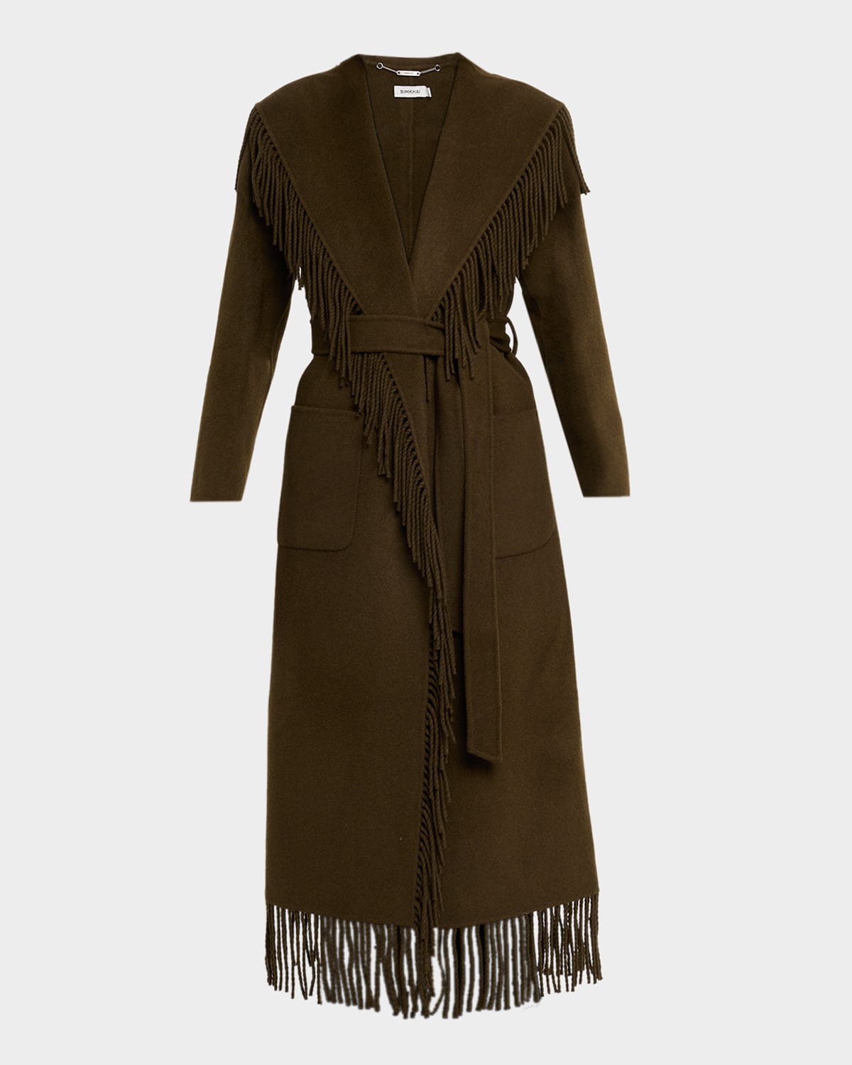 Simkhai Carrie Fringe Wool Long Coat In Green