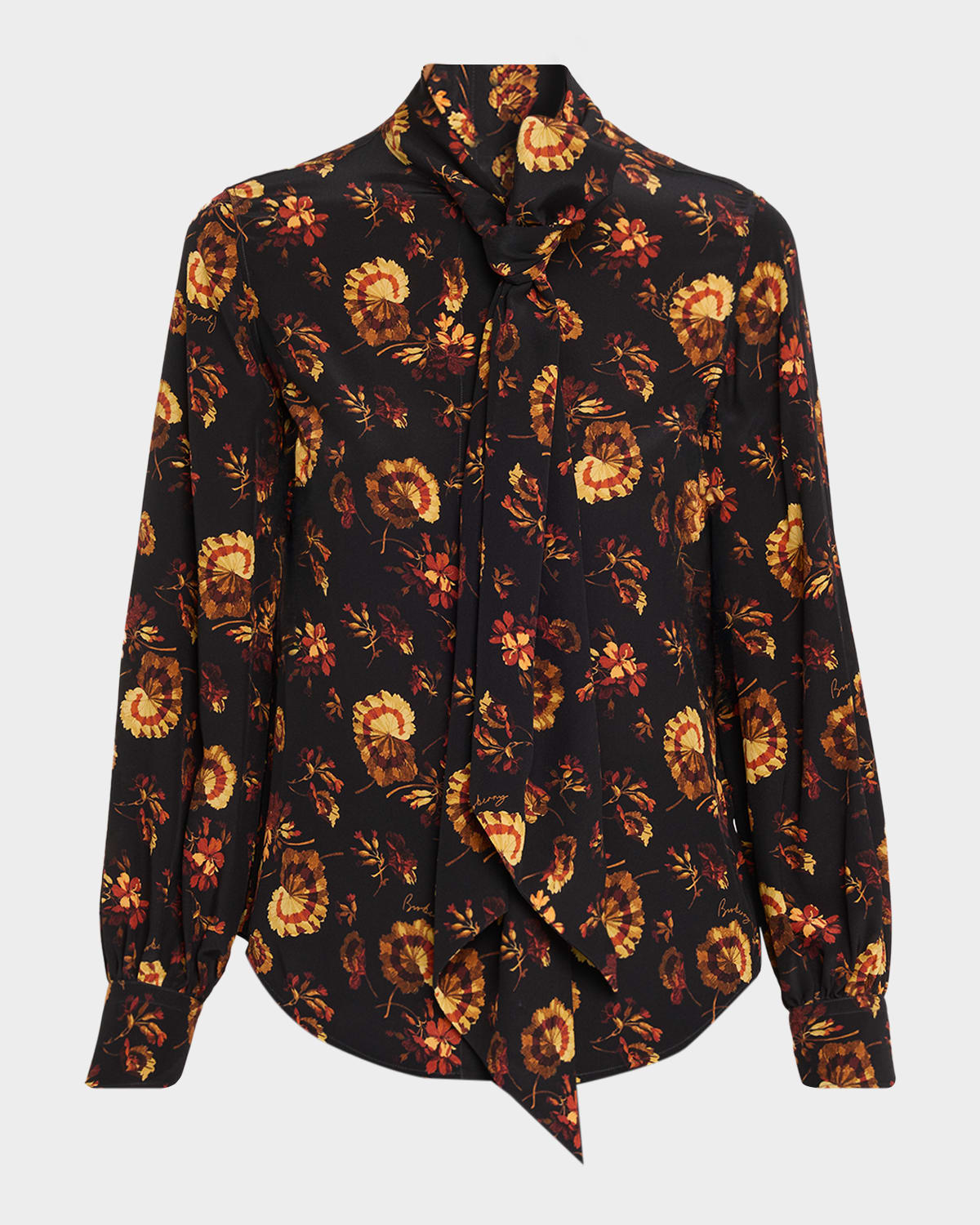 Burberry Lina Floral Silk Neck-scarf Button-down Shirt In Black