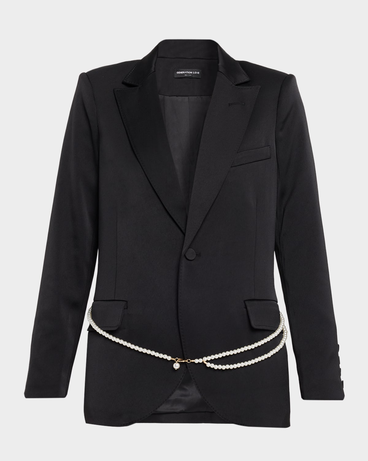 Generation Love Martina Satin Blazer With Pearl Belt In Black