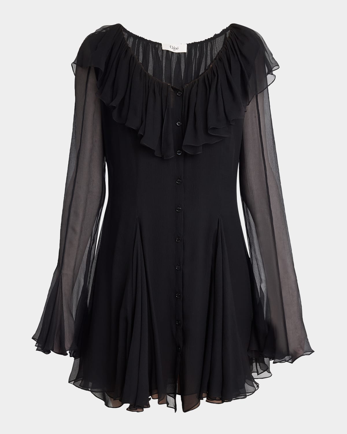 Chloé Ruffle Long-sleeve Silk Mousseline Mini Dress In Black