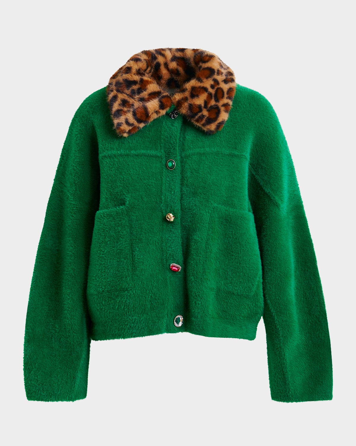Essentiel Antwerp Intention Jacket With Removable Leopard Faux Fur Collar In Green