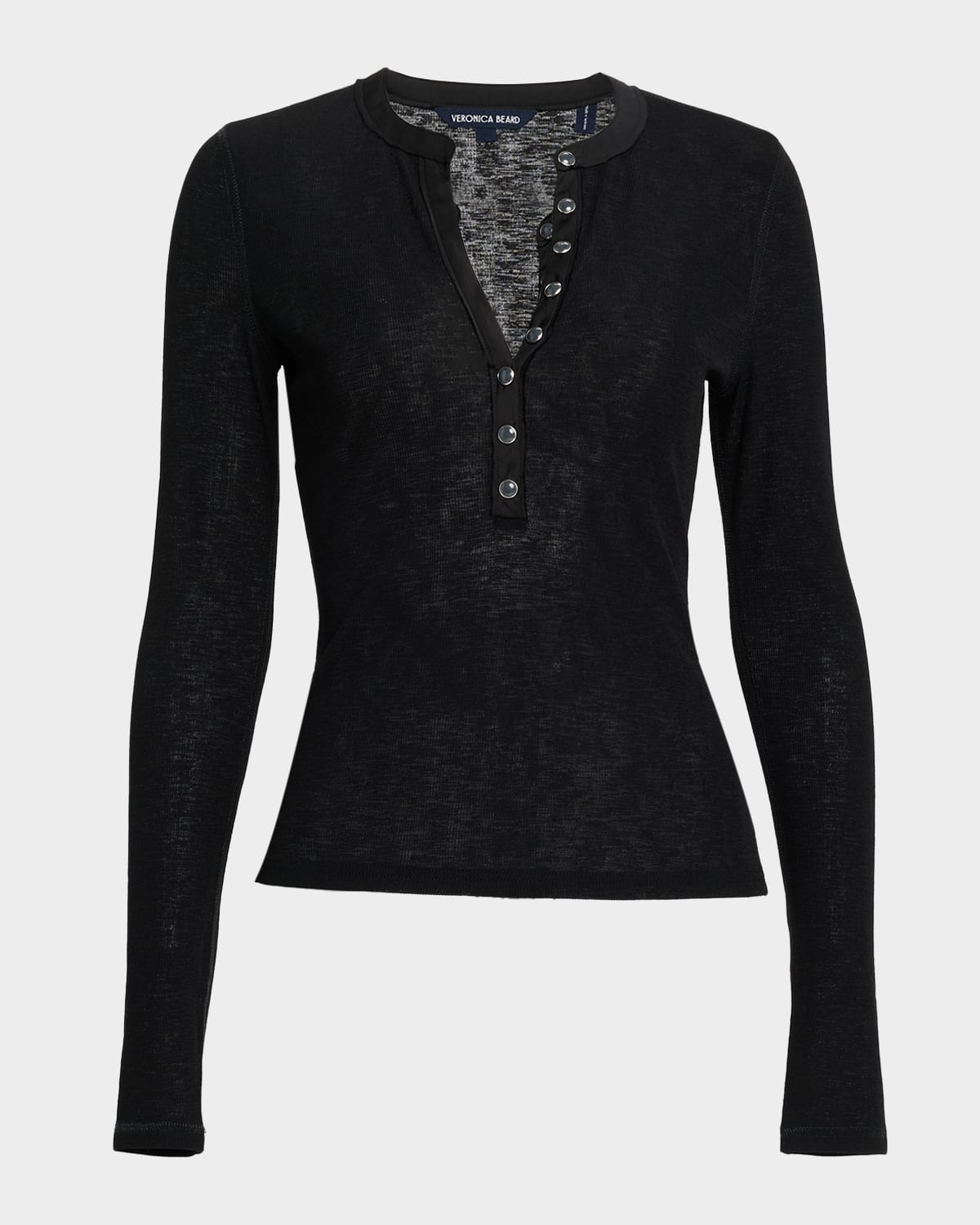 Veronica Beard Drexler Semi-sheer Ribbed Henley In Black