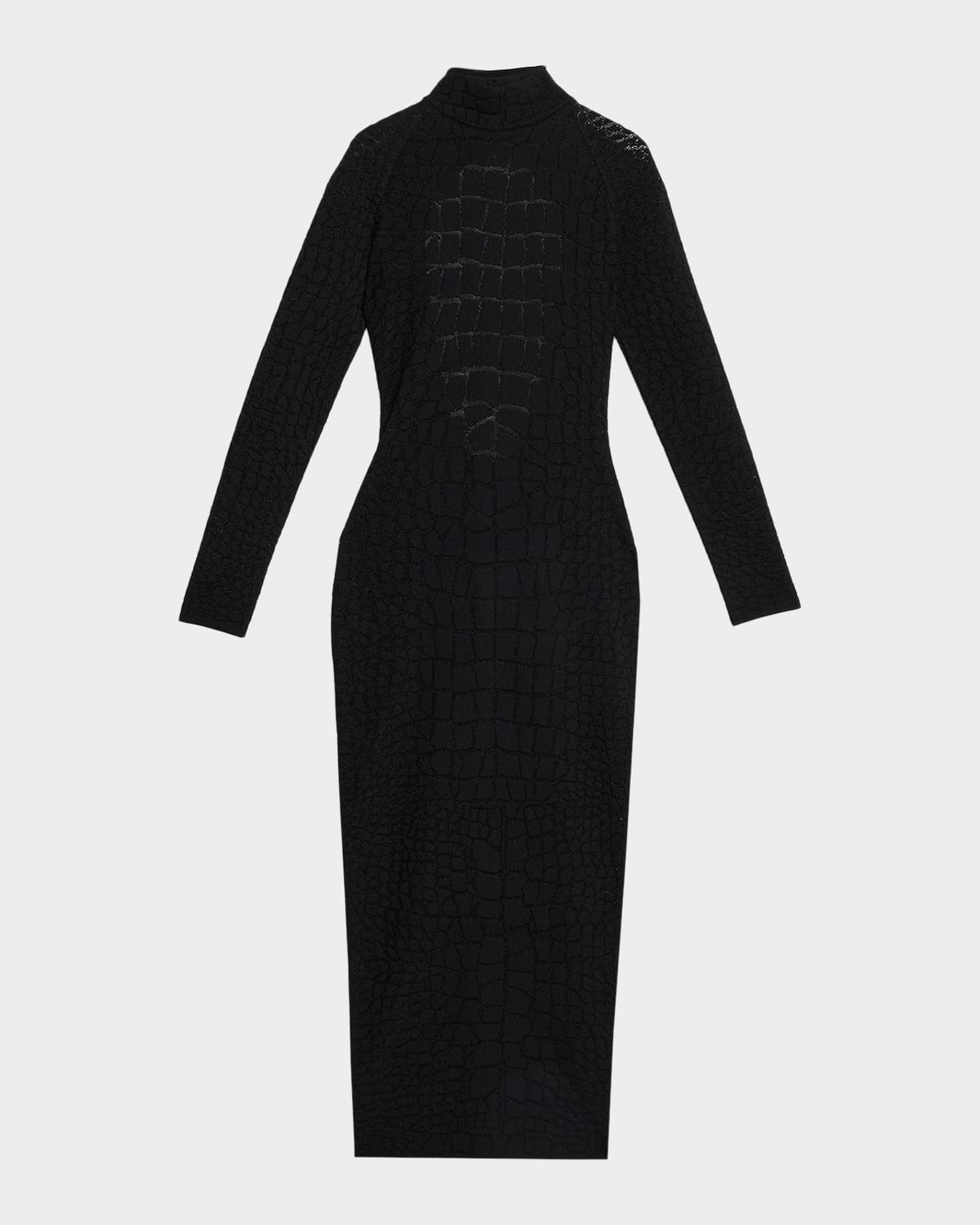 Balmain Croco-Jacquard Backless Long-Sleeve Midi Dress