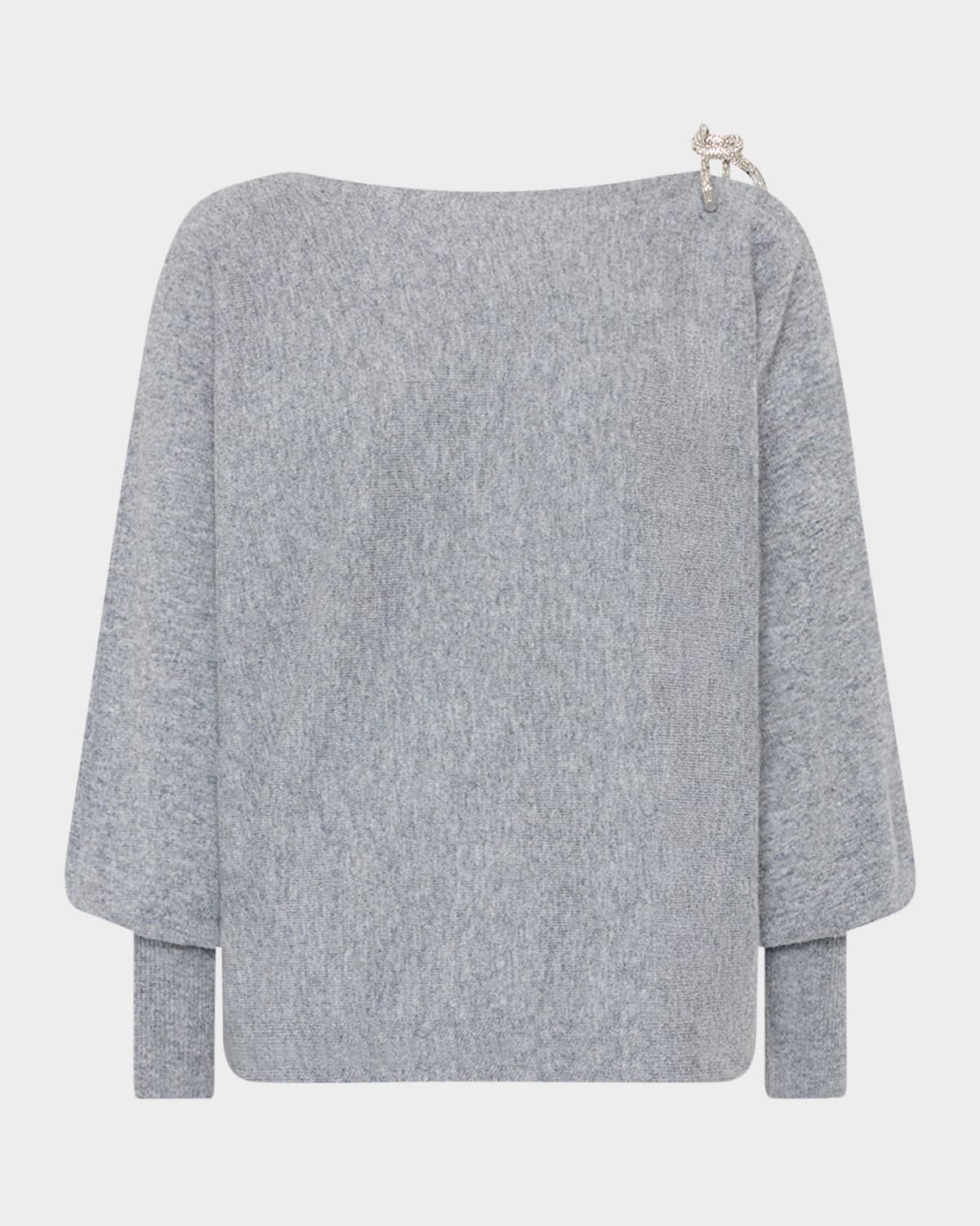 Milly Ida Crystal Bow Cold Shoulder Long Sleeve Sweater In Gray