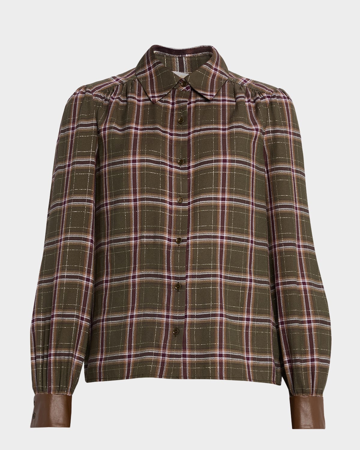 Ramy Brook Jeremy Metallic Plaid Button-front Blouse In Green