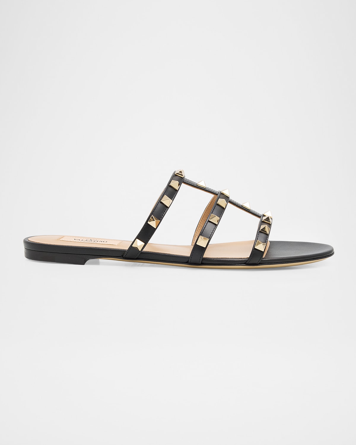 Valentino Garavani Rockstud Caged Leather Flat Slide Sandals In Black