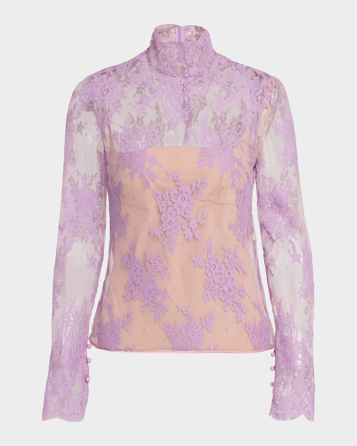 Valentino Mock-neck Sheer Lace Long-sleeve Top In Purple
