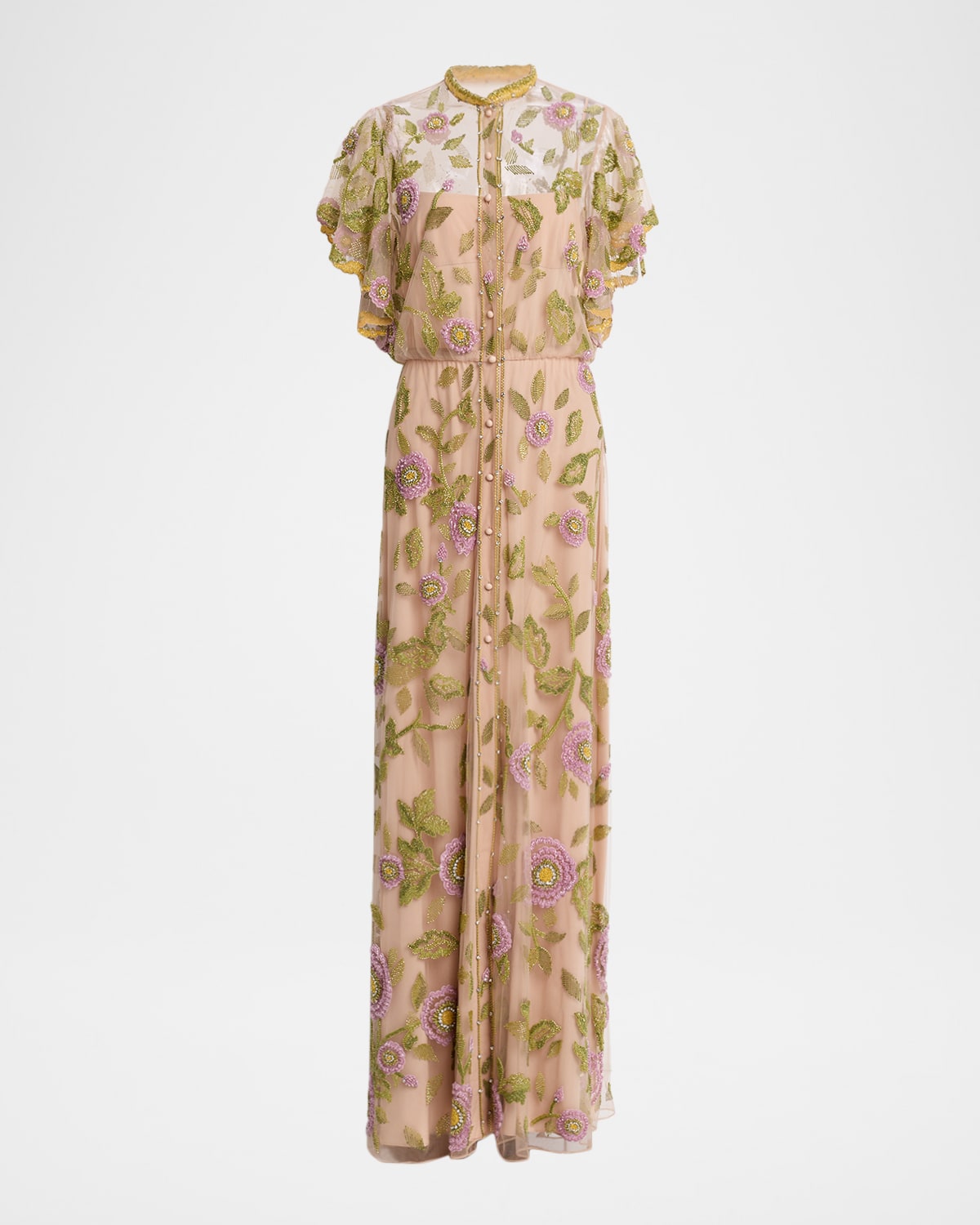Valentino Garavani Floral Embroidered Flutter-Sleeve Gown