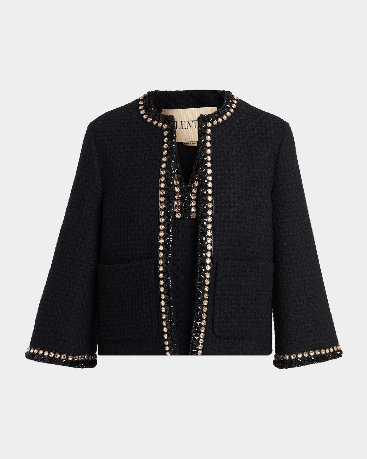 Valentino Crystal-trim Wool Jacquard Open Coat In Black