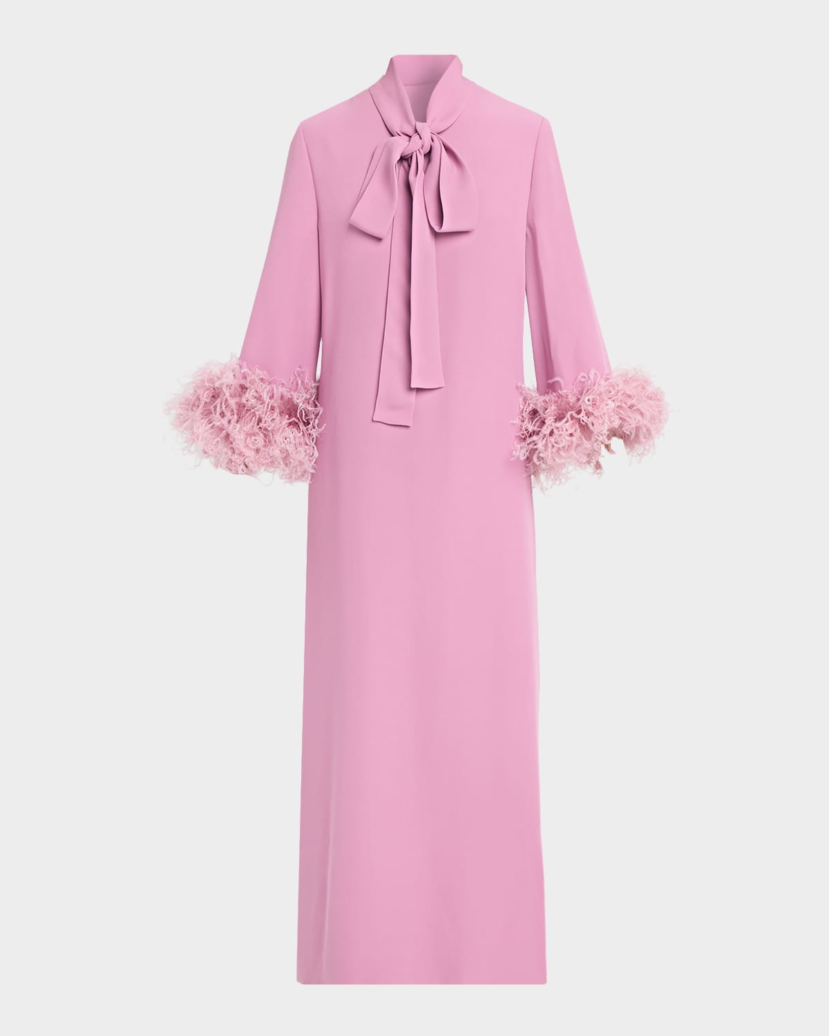 Valentino Garavani Feather-Trim Silk Crepe Long-Sleeve Midi Dress With Neck Scarf