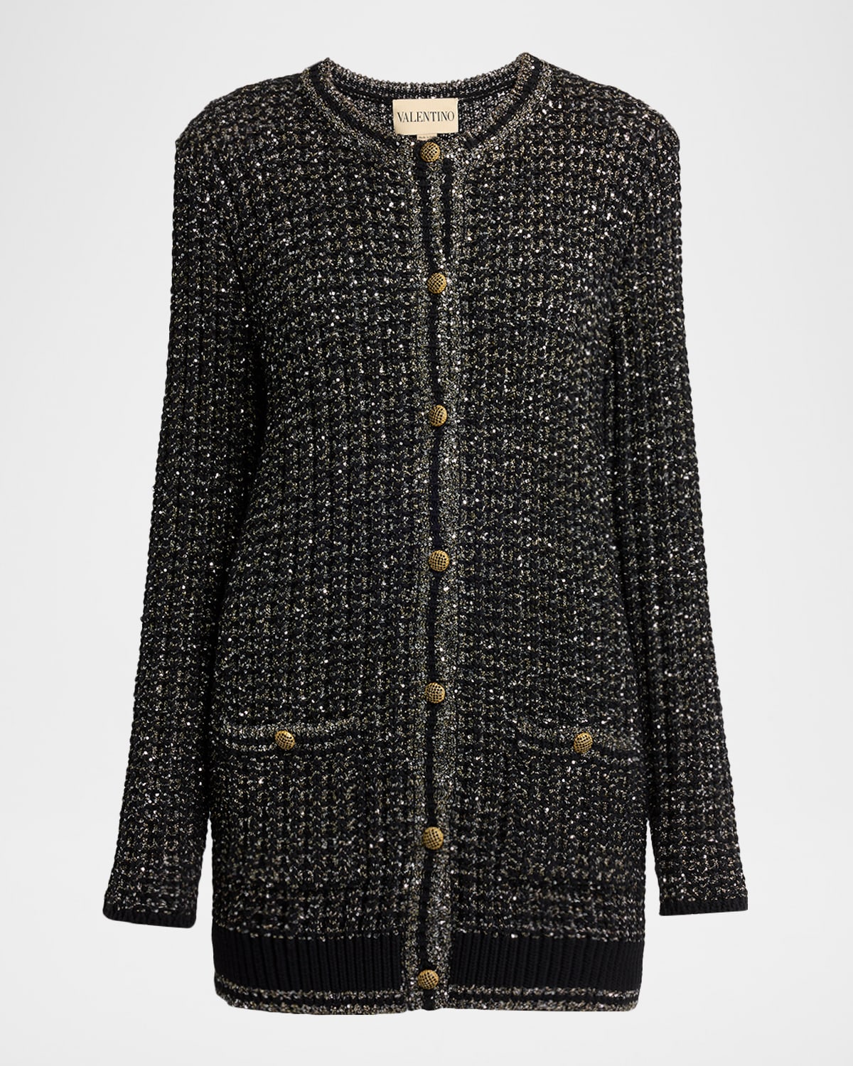 Valentino Paillette Knit Long Crewneck Cardigan In Multi