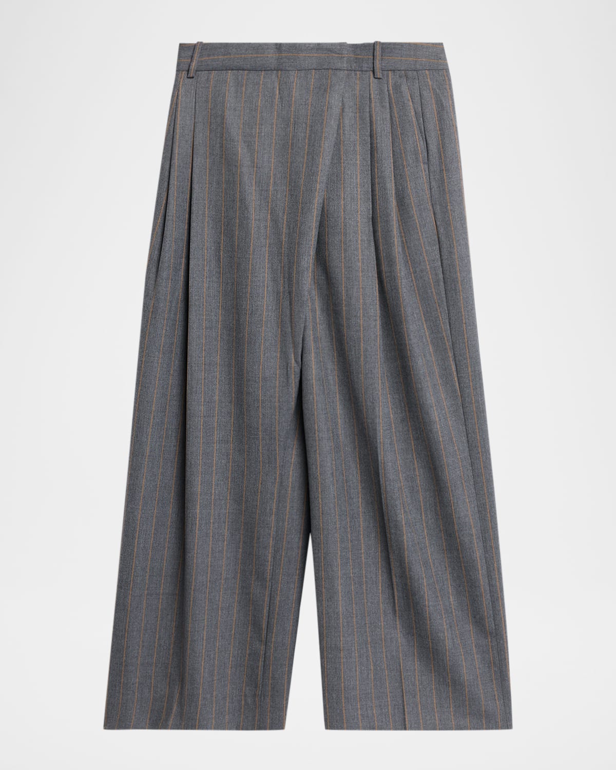 Ganni Pinstripe Brushed Wool Cross-over Trousers In Gray