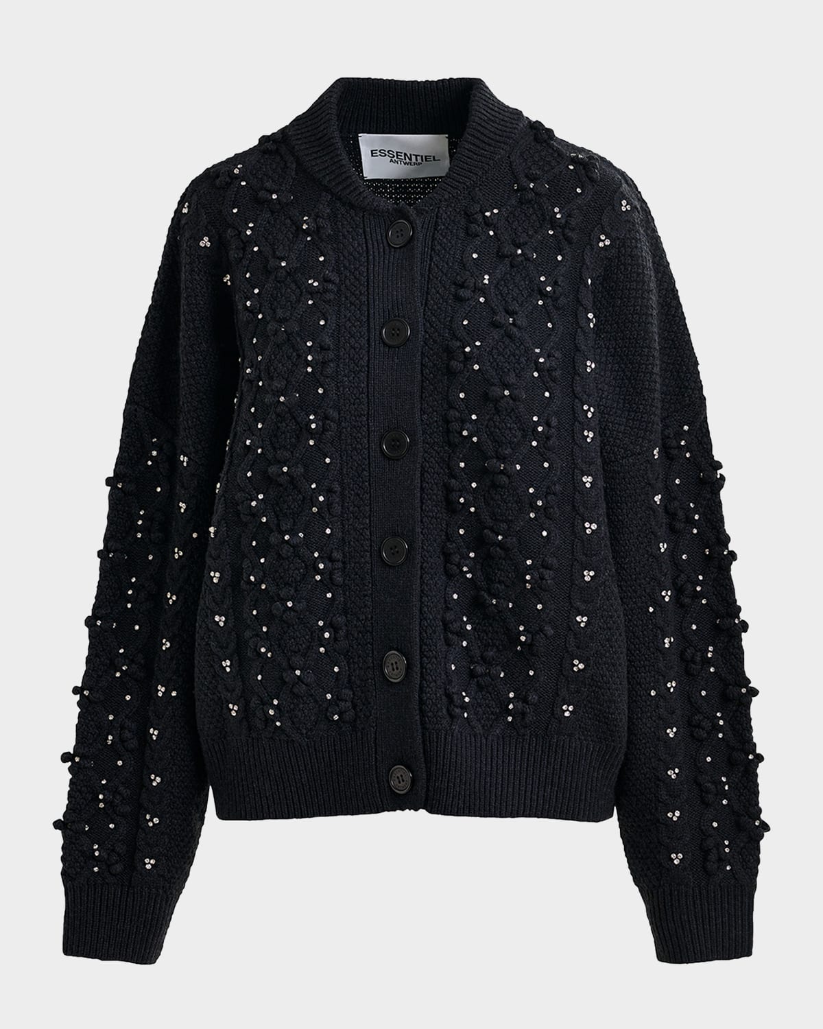Essentiel Antwerp Cable-knit Wool-blend Cardigan With Rhinestone Embellishments In Black