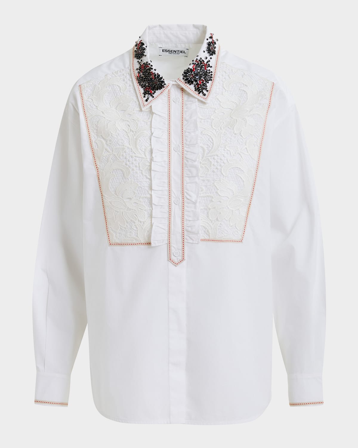Essentiel Antwerp Embellished Lace-Panel Cotton Shirt