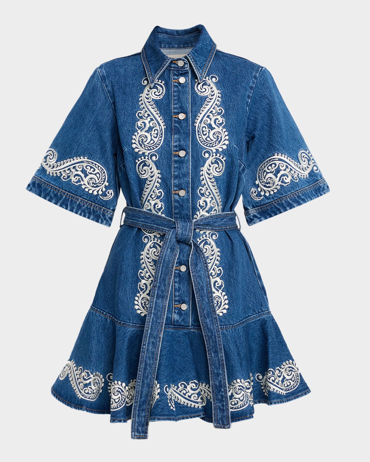 ALEMAIS Jacones Embroidered Denim Mini Shirtdress