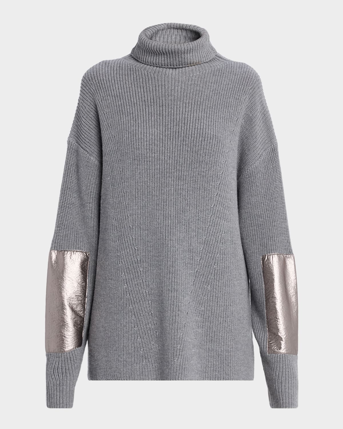 Lapointe Metallic Leather-patch Merino Wool Turtleneck Sweater