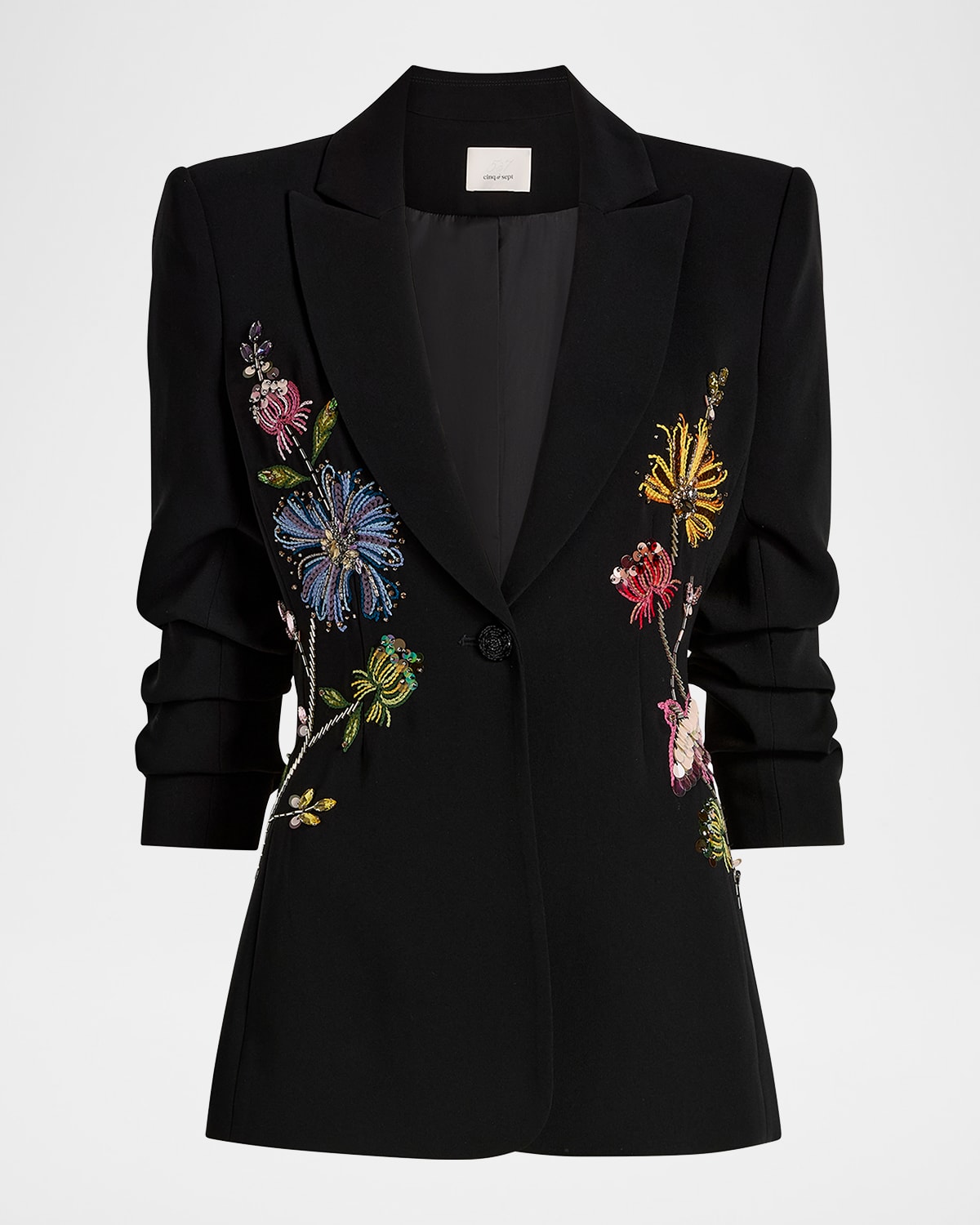 Cinq À Sept Floral Mixed Media Scrunched Cheyenne Blazer In Black Multi In Black