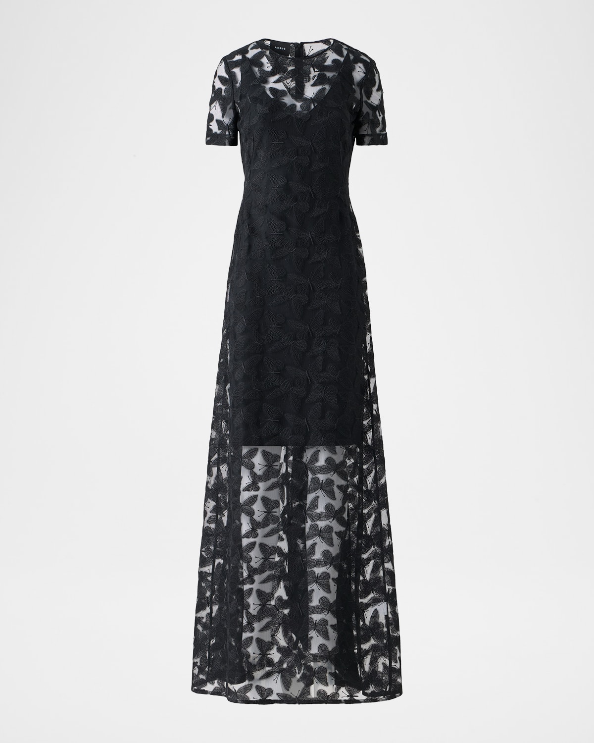 Akris Butterfly Embroidered Sheer Tulle Short-Sleeve Gown