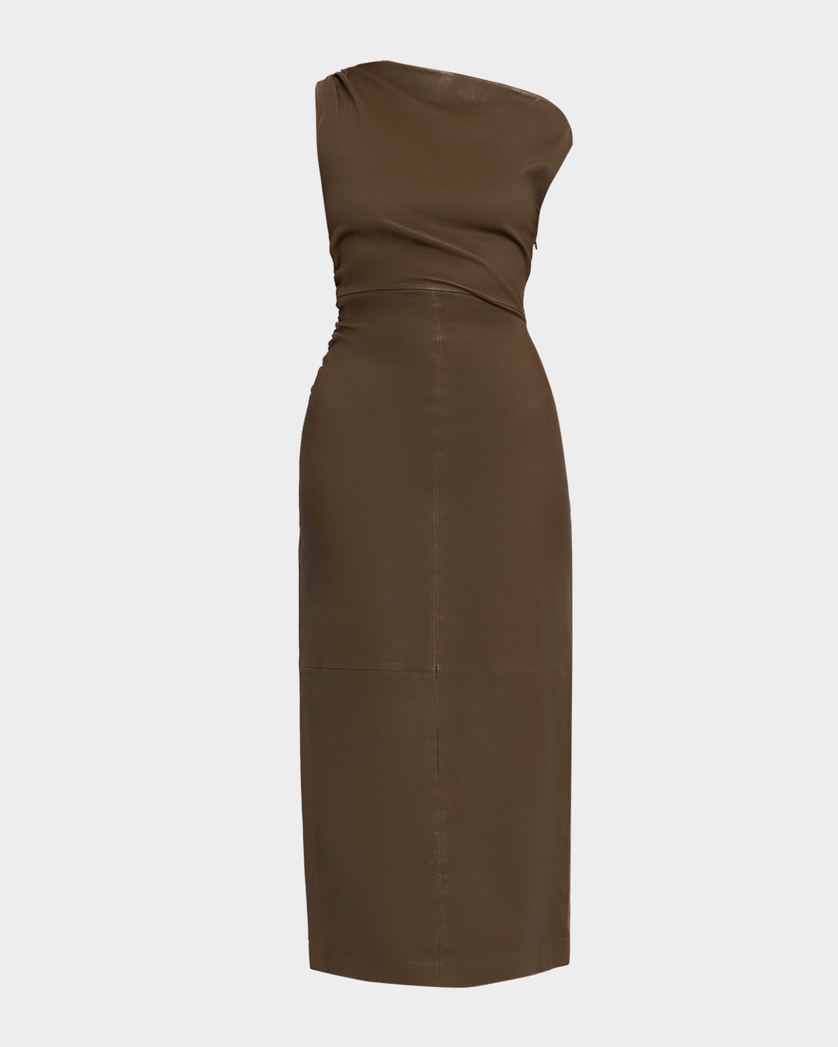 Staud Phare Draped Leather Midi Dress In Brown