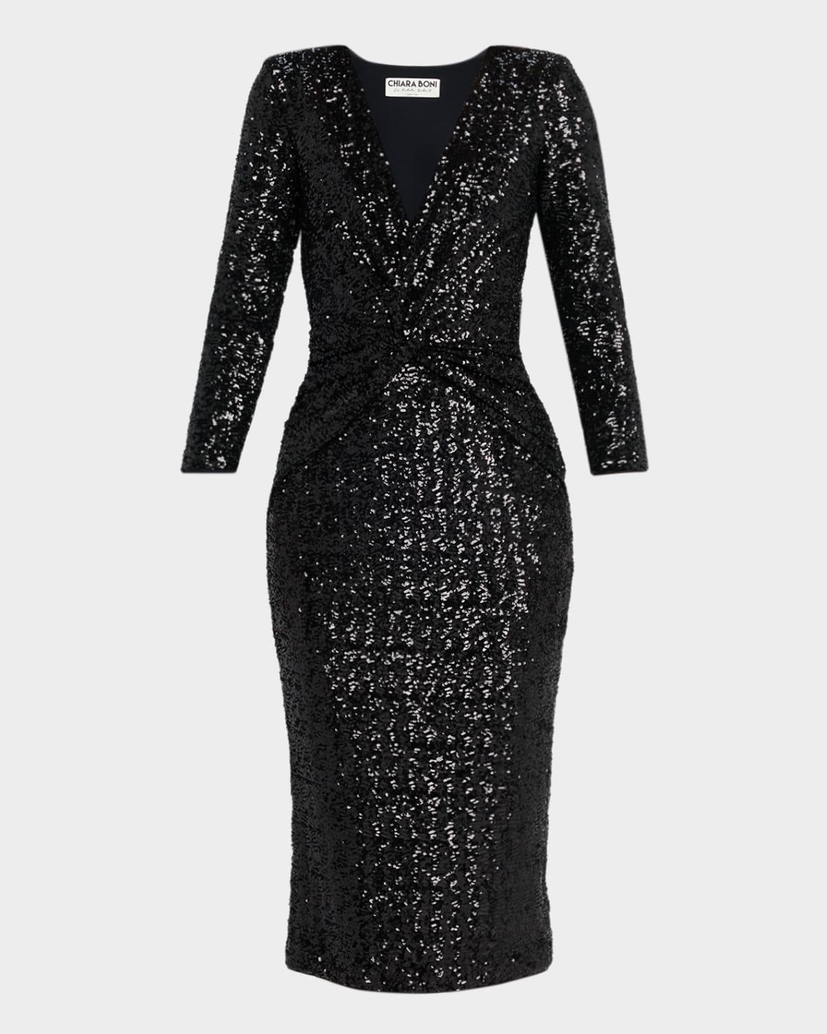 Chiara Boni La Petite Robe Jarra Twist-front Sequin Midi Sheath Dress In Black