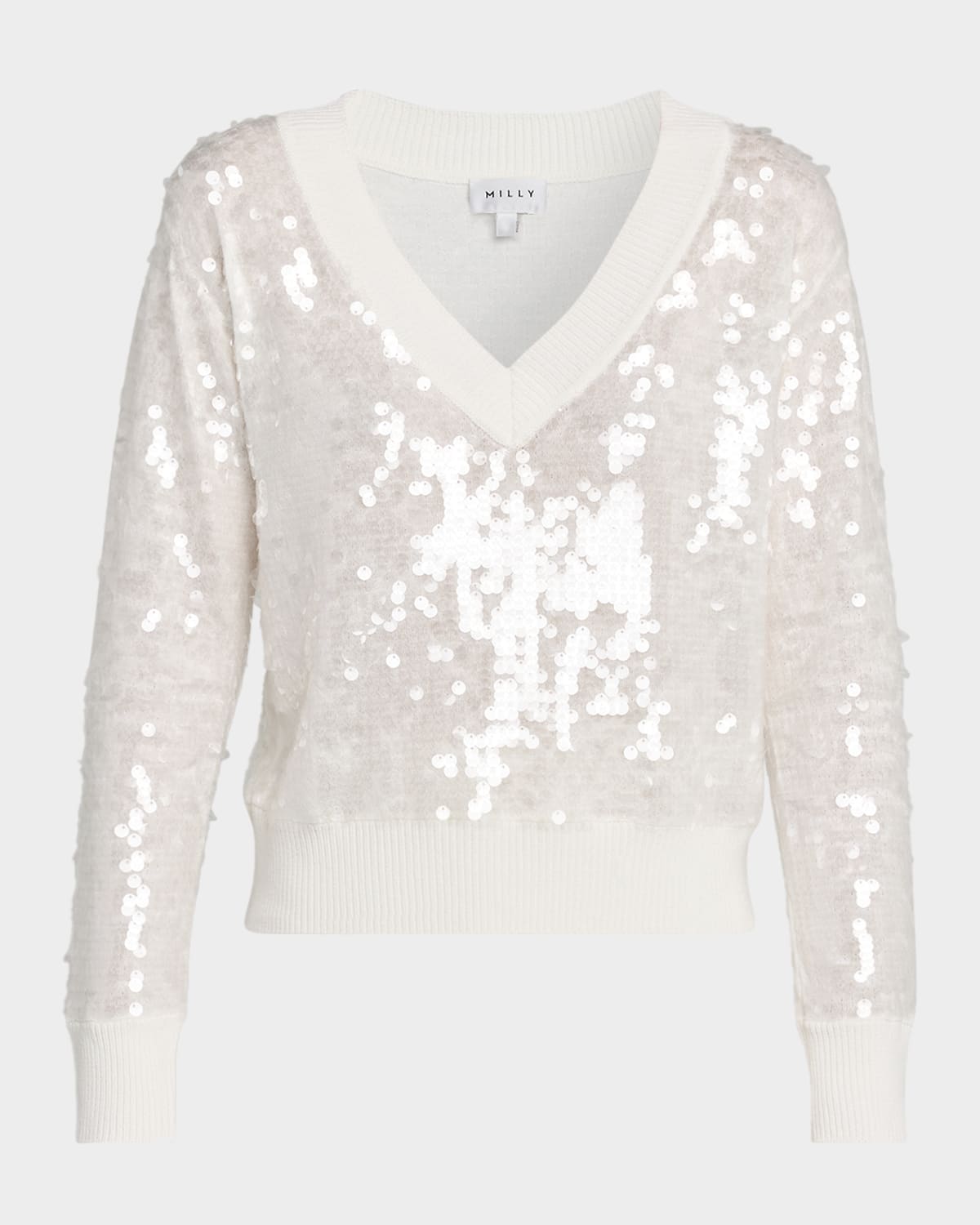 Milly Ilaria Deep V-neck Sequin Sweater In Neutral