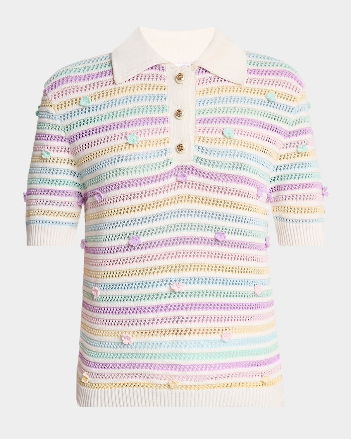 Casablanca Flower Striped Crochet Short-sleeve Polo Shirt In Multi