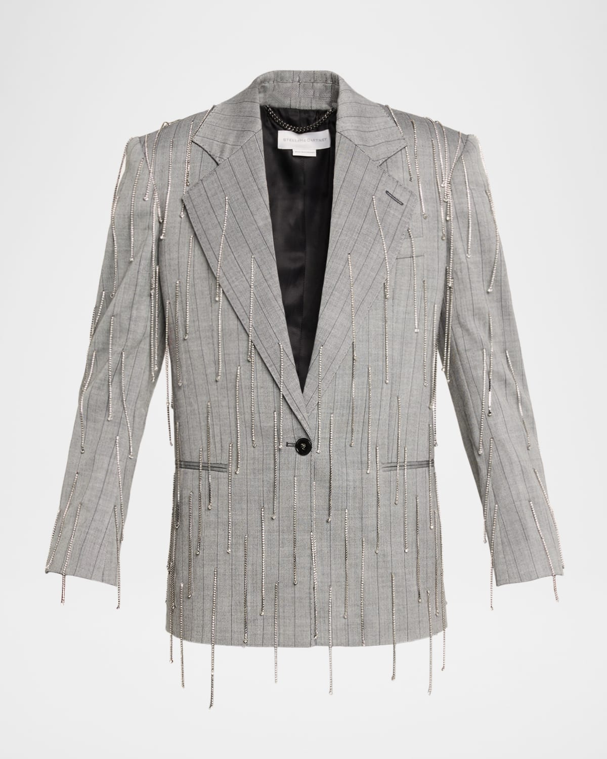 Stella Mccartney Pinstripe Rhinestone Embroidered Oversized Blazer In Gray