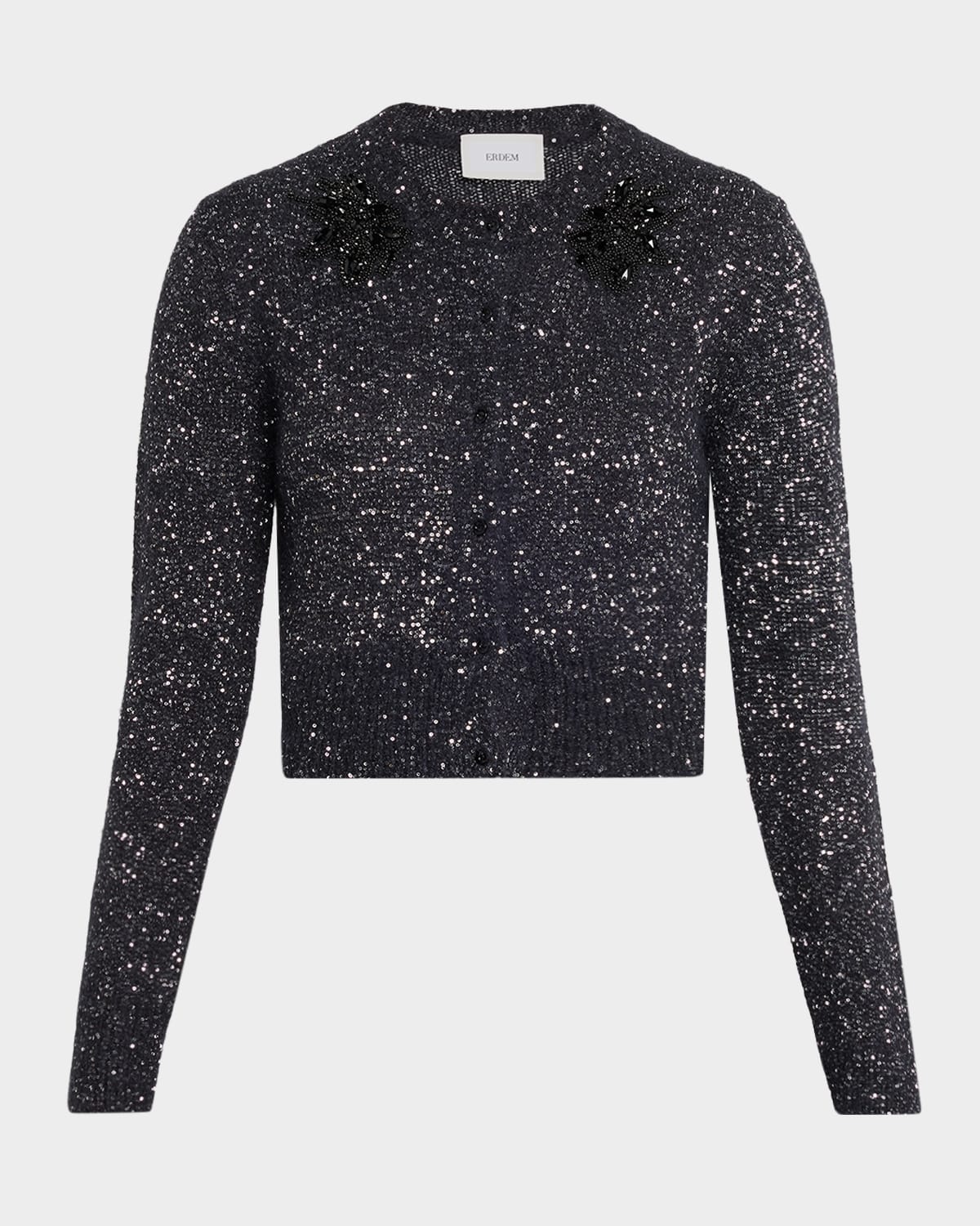 Erdem Crystal Embellished Paillette Knit Crop Cardigan In Black