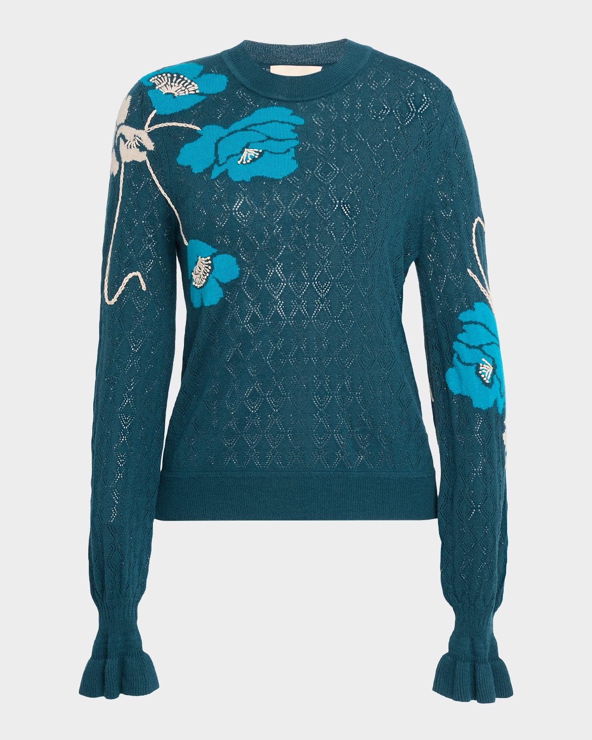 Figue Patricia Ruffle-cuff Pointelle Knit Sweater In Blue