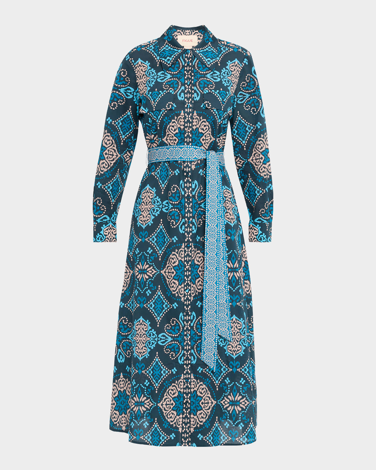 Figue Bassa Medallion-print Belted Midi Shirtdress In Blue