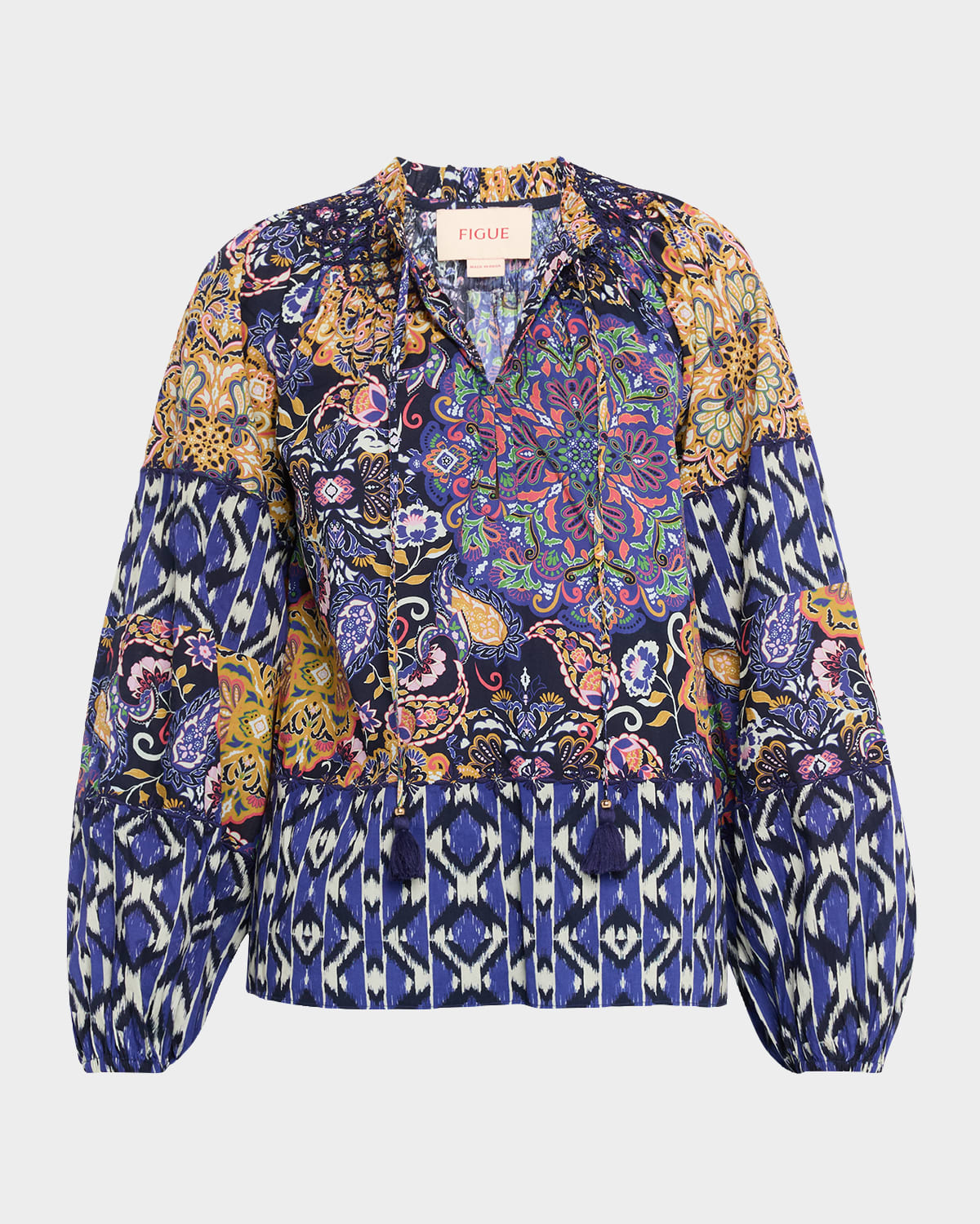 Figue Mae Multi-print Long-sleeve Peasant Top