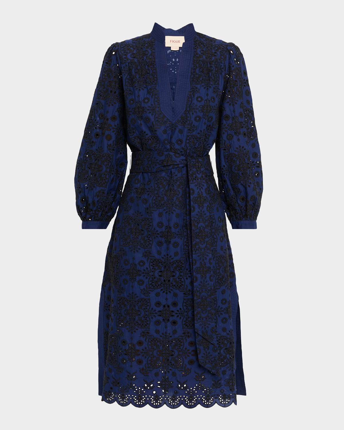 Figue Clove Broderie Anglaise Blouson-sleeve Midi Shirtdress In Blue