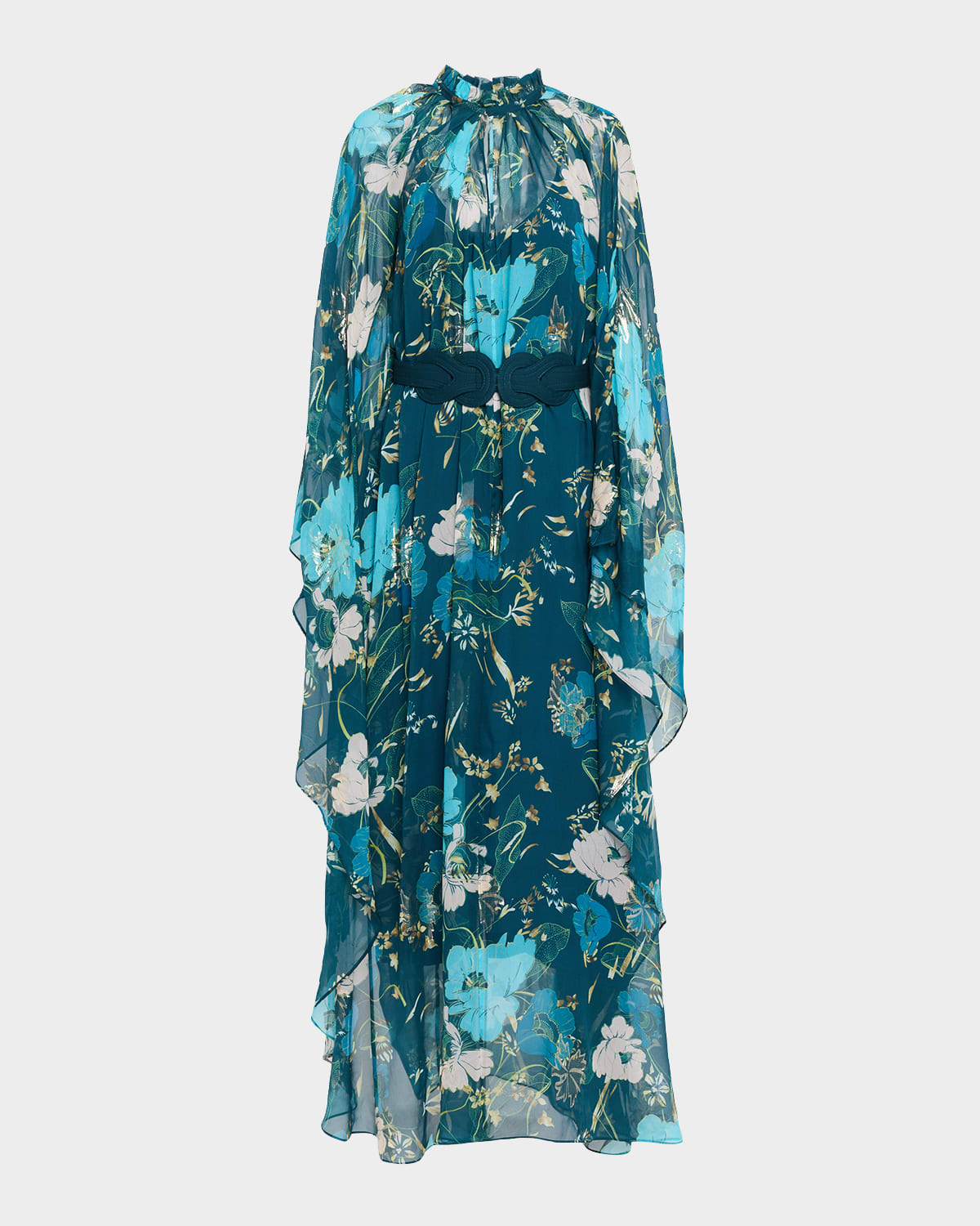 Figue Alicia Metallic Floral Chiffon Batwing-sleeve Maxi Dress In Blue