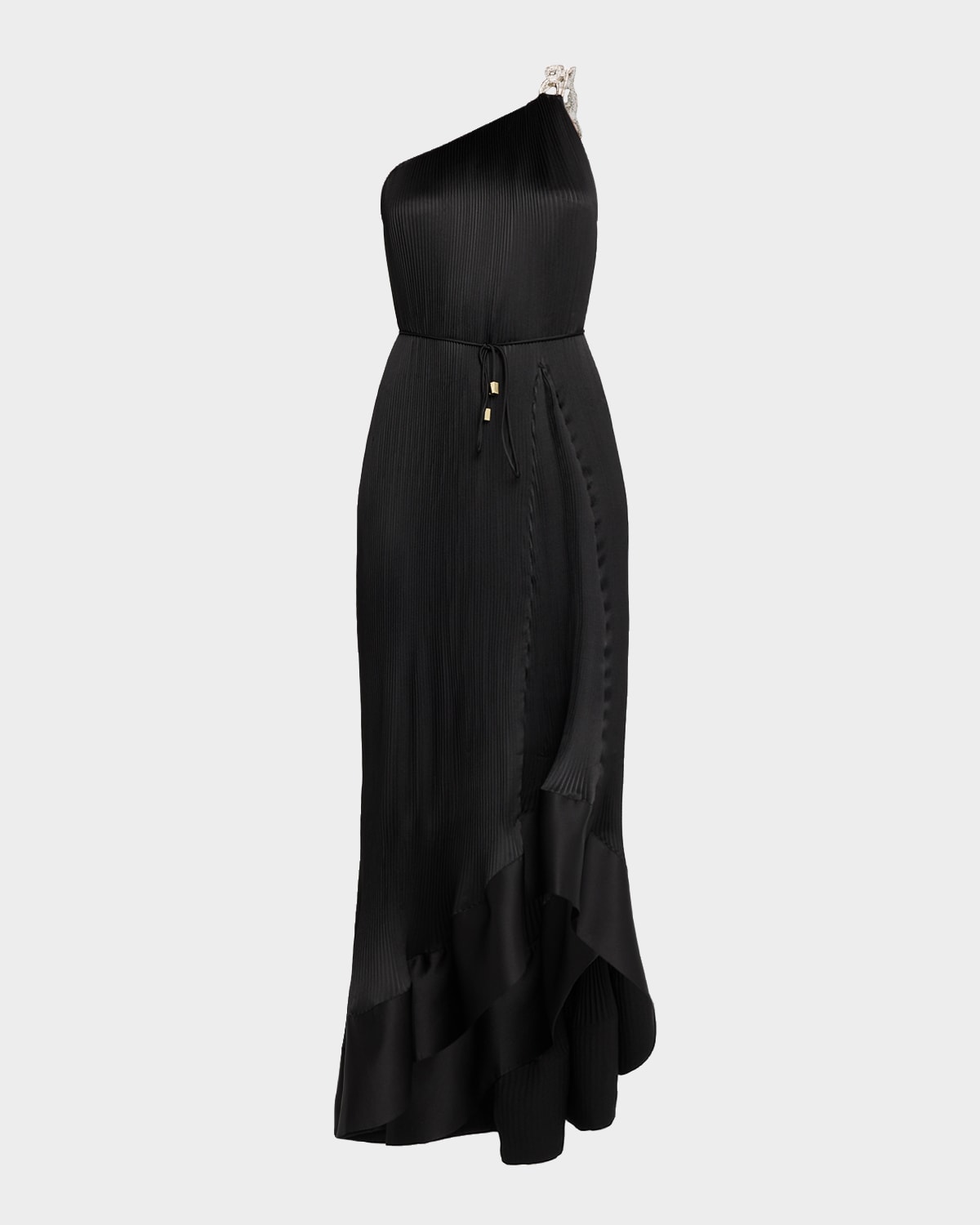 Milly Mariah One-shoulder Pleated Satin Maxi Dress In Black