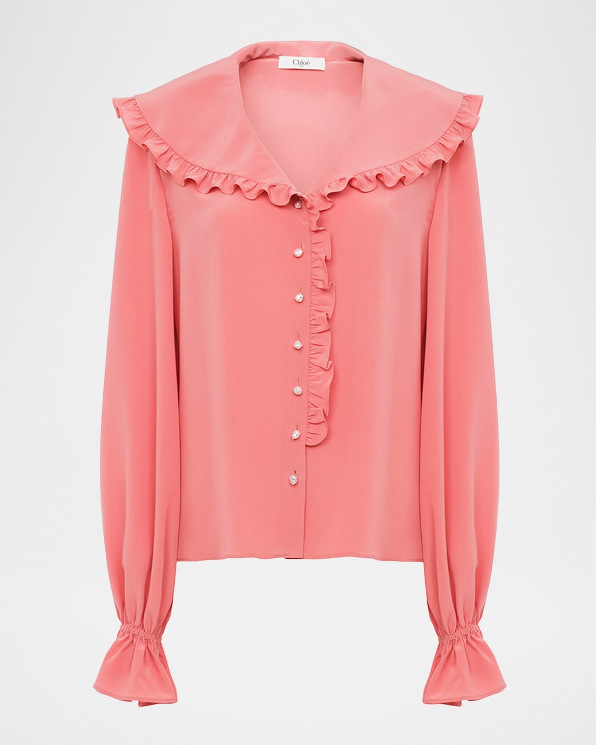 Chloé Bertha-collar Ruffle Button-down Silk Blouse In Red
