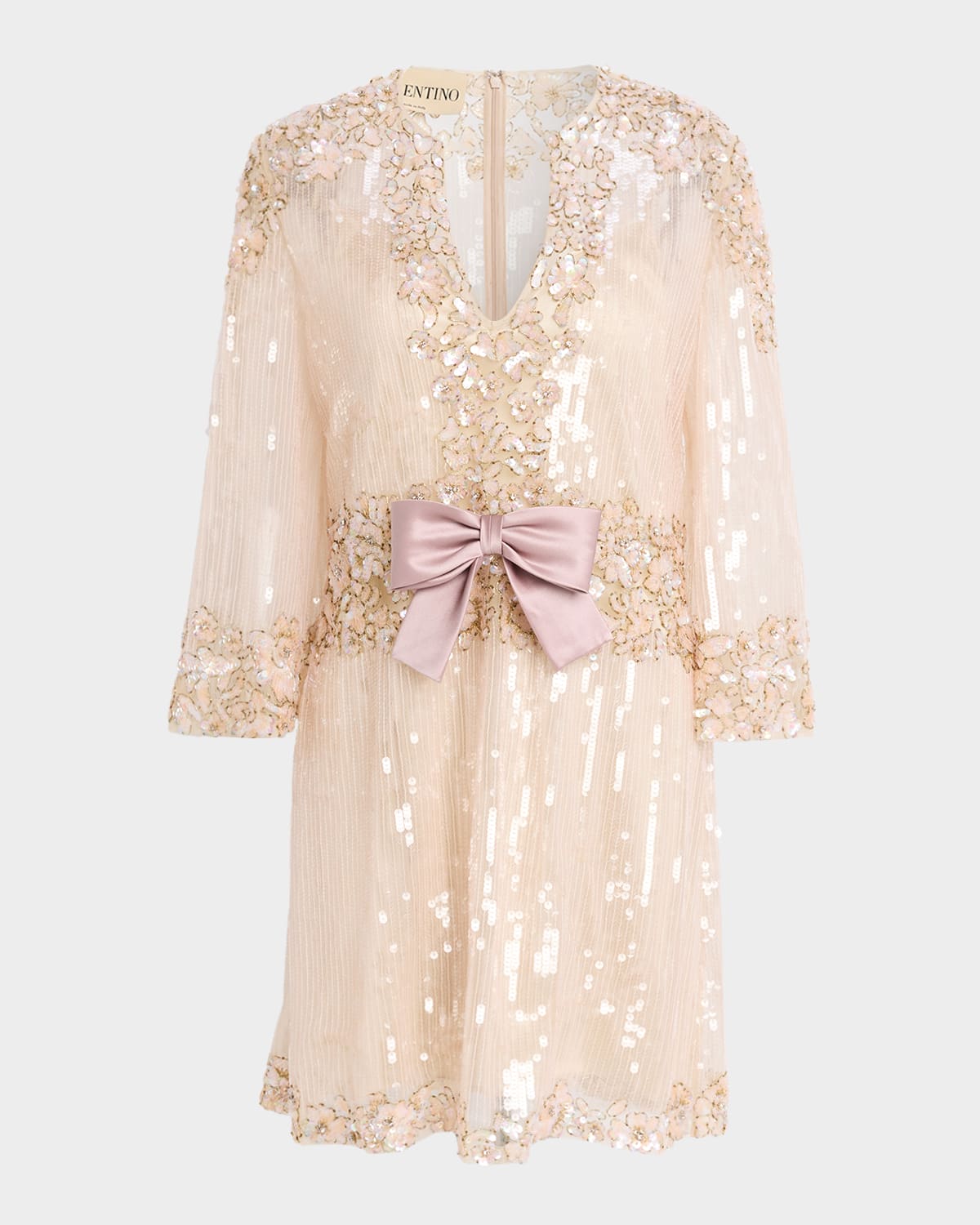 Valentino Garavani Bow-Front Long-Sleeve Sequined Tulle Mini Dress
