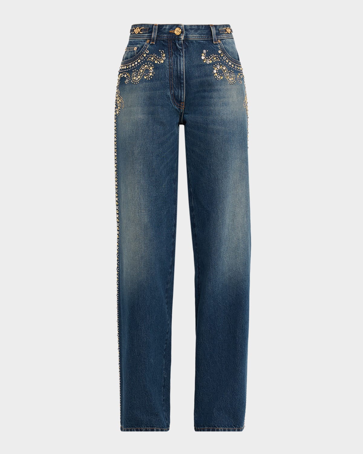 Versace Embellished Straight-leg Jeans In Blue