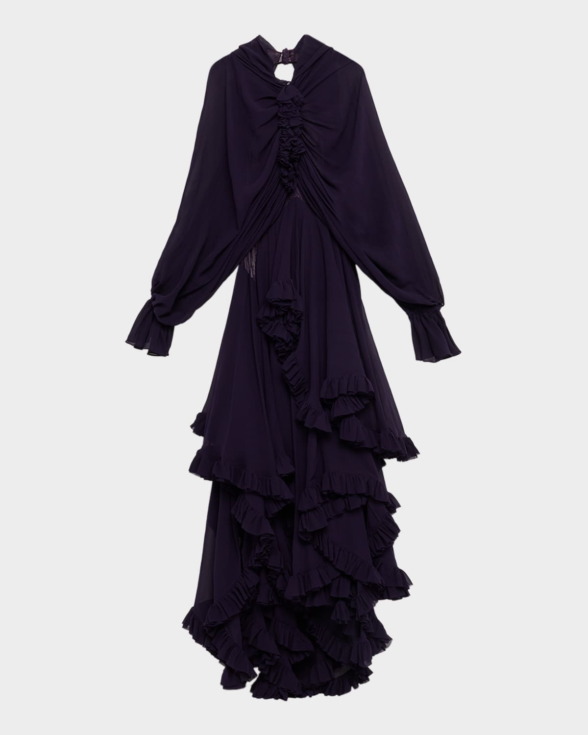 Alexander Mcqueen Draped Open-back Ruffle Cape Gown In Black