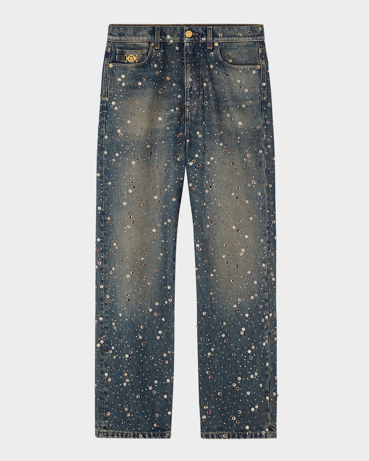 Versace Jeans Couture Men's Crystal-studded Stonewashed Denim Jeans In Blue