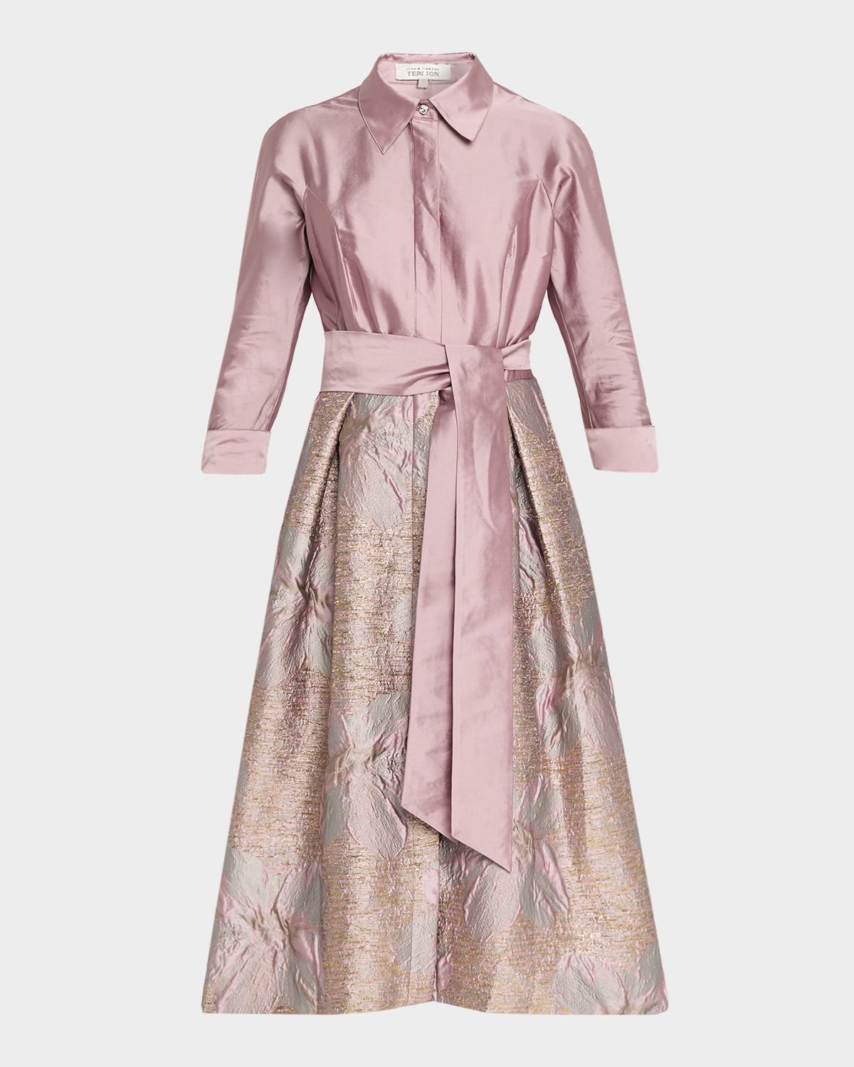 Rickie Freeman For Teri Jon Taffeta Floral Jacquard Midi Shirtdress In Pink
