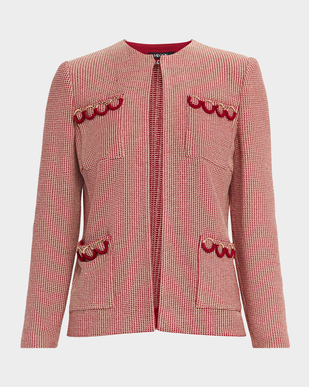 Misook Hertiage Lurex Ring-trim Knit Jacket In Pink