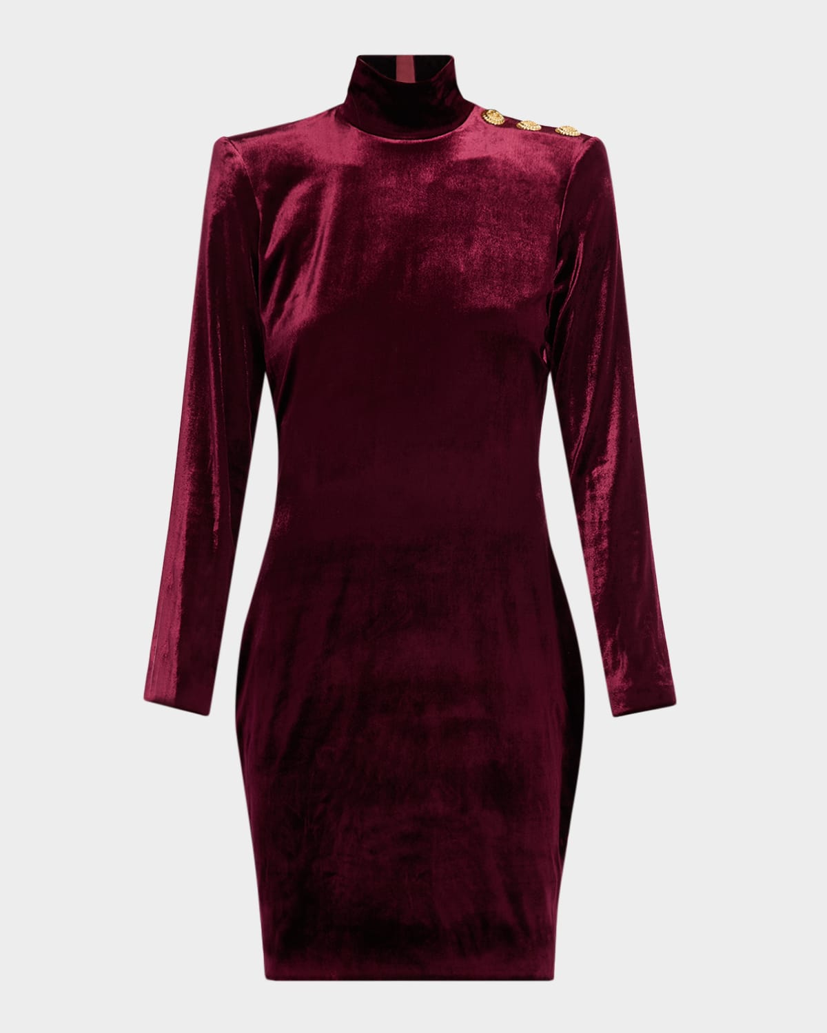 Balmain Turtleneck Button-Shoulder Velvet Mini Dress